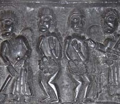 Adam and Eve are expelled from the Garden of Eden. On the right, Eve is taught to spin and Adam to dig.