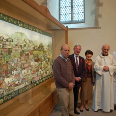 Dedication - group by embroidery frame At the dedication, from right, Steve Lamont, Charles Clayson, Cathy Clayson, Reverend Terry Louden and the Archdeacon of the Meon, Rt Rev Peter Hancock.