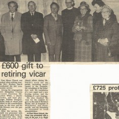 Retirement gift to retiring vicar, Rodney Smith, and wife, with Lynton White, William Douglas Home, Ethel Deadman, Lilian Luff.