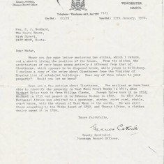 This letter was written in 1970 by Eleanor Cottrill, HRO archivist, giving information about early owners of Glenthorne. It mentions William Clerke, Joseph Eyles, Rebecca Docker,  Thomas Nathaniel Atkins.