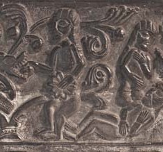 God creates Adam, and then Eve from Adam's rib. Eve is tempted to eat the apple, and in turn tempts Adam.
