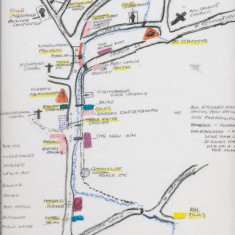 Margery Lambert's map of East Meon's shops and trades in the 1920s. The map is not topographically correct ....