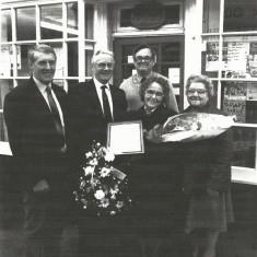 Mrs Philips' retirement, 1992. George Breatham, Post Office Manager, John Emptage, Mrs Philips. Iris Porter