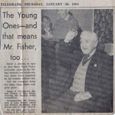 Clipping from Daily Hampshire Telegraph, January 1964. It shows Bob Fisher, aged 97, winning the musical chairs competition at the Village Institute. 