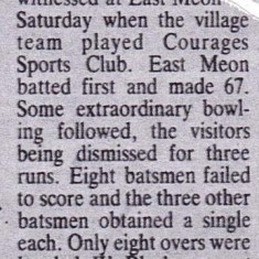Newspaper report of W. Blackman taking 8 for 0 runs in 4 overs, in 1929