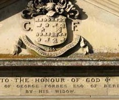 Inscription, recording the dedication of the Almshouses to George Forbes.