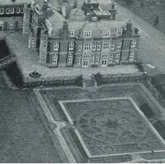 Leydene House, with the garden based on one of Lord Ashton's linoleum patterns. Work re-commenced in 1919 and the Main House was completed in 1925, although some rooms were occupied in 1924.  However, the original plans had to be curtailed slightly, as a result of the war devaluing the pound.  Some ‘corners’ were cut during the construction, such as a lack of damp course and some external walls only being one brick thick.  This caused a lot of problems in later years.  