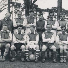 East Meon soccer team. Back row, Bert Cole, Pat Fielder, Rory Lanham, Gus Cole, Gordon Maw, Jon James, Len Cannings, Jumbo Blackman, Front row, Tony Crockford, Pat Lanham, George Mundern, Ginger Phillips, Terry Fielder, Jim Bown.