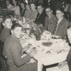 Dinner in the Institute - possibly a sports club - early 1950s. Far side of table, left to right, Bill Blackman, Jimmy Brown (wearing glasses), John Tosdevine, end of table Reg Lanham..