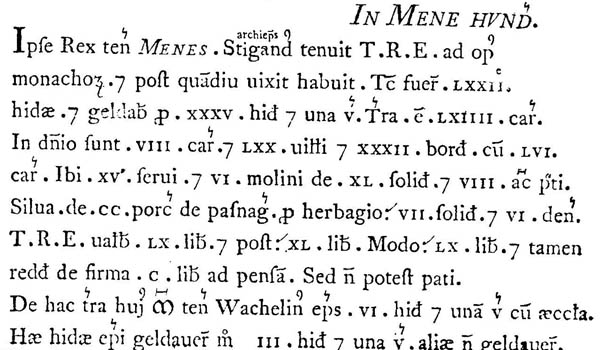 'Mene' entry in Domesday Book.