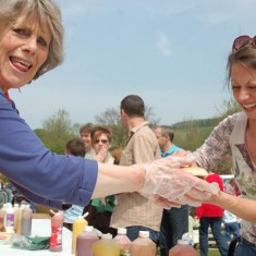 Farmer's wife Jane Atkinson serving Hogroast.