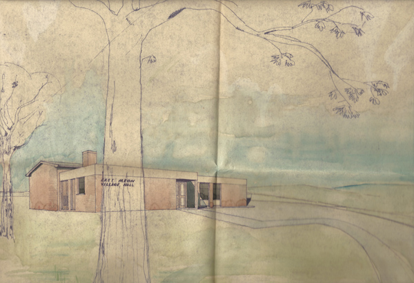 Architect's drawing of early concept of new Village Hall, 1973