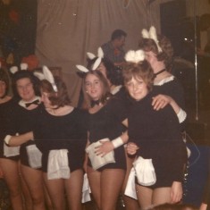East Meon bunny girls at fund-raising dinner. Left to right, Joan Blackman, Pam Sparrow, Hazel Pamplin, Dawn Adams, Jenny Wheeler, at back Sheila Newbury and Joyce Colbourne. 