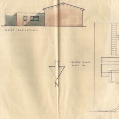 Coloured west elevation  and block plan for early design.
