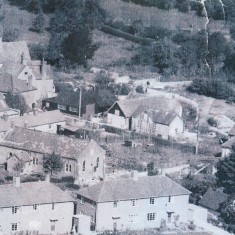 A post-war photograph of the Chapel, showing The Tudor House, top left, and council houses on Glenthorne Meadow, front.
