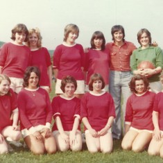 Women's soccer team, with Peter Marinelli. Left to right, Sharon Brown, Pat Elliott, Julie Cannings, Diane Adams, P.M., Fiona Tindell, Joan Blackman, front row, Mary Crockford, Joyce Colbourne, Dawn Adams, Brenda Kirby, Mrs Whiteley and Julie Goddard. Pam Sparrow also played, but took the photo.