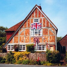 Heycroft with bunting Bunting at Jubilee celebrations, 2004