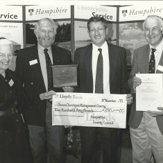 Presentation of cheque. HCC Countryside award, lichen, 1995  - Susan Delmar Morgan, Frank Wheeler, HCC officer, John Rendle
