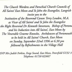 Invitation to the Institution of Rev Terry Louden, Sept 1996