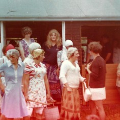 Mrs Mops at Cricket Pavilion, taking part in 'Loony Olympics', 1977. At back, blonde wig, Adrian Crockford, front left, Robin Newbury, Darrel (Spud) Adams. 
