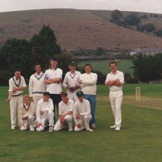 East Meon Cricket team against Park Hill. Left to right, back row, George Bartlett, Rob Thorne, n.k., Gus Coles, Martin James, n.k, front row, Martin Coooke,n.k., n.k., Donald Eames