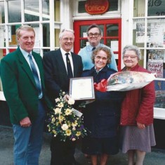 Farewell to Mrs Phillips, outside Old Post Office. Left to right, Colin Greatham, PO offficial John Emptage, behind Mrs  Phillips, Iris Porter,