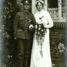 Edward Bone in army uniform and Alice May in wedding dress. The wedding took place on 28th August 1915 at Liss.