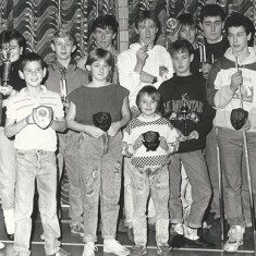 Junior snooker. Back row, L to R Suzanne Searle, ?, Kevin Searle, Marcus Knight, Stuart Knight, Stephen Painter, Simon Marden, Matthew Eames. Front, Matthew Jones, Catherine Ablett, Katherine Nash, Jolene Sims, Marc Aldridge, Antony Eames