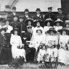 Wedding of Owen Budd to Mabel Stone in 1912. Back row: William Newbold, Arthur Budd, George Stone, Crispin Budd, John (Jack) Newbold, Dorothy Newbold. Centre row: Florence Budd, Edith Budd, Fred Hutty (Edith's husband); Jess Vince, ? ? (one of them possibly Alice Stone, mother of the bride); Sophia Budd, Emily Newbold (daughter), Emily Newbold, nee Budd (mother), George Stone (Owen's father in law). Front row: Sophia Harriet Budd (Owen's mother), Winifred Newbold, Owen Budd, Mabel Budd, nee Stone (Owen's wife), Bertha Stone,? . 