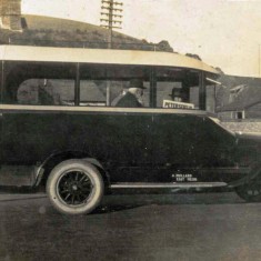 The second bus, with passengers. Since grandfather Albert did not drive, his two sons Arthurand Albert drove the busses, from a young age.