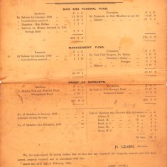 Back page, Sick and Funeral Fund (donation Mrs Forbes), Management fund (Surgeon Dr Batten), Proof of Accouns (auditors John Cook, Walter Dennis) Secretary H.Leach. Recipients of Sick Allowances include H. Budd and A.C.Budd, T.Adams 