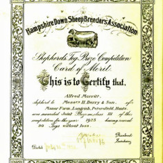 Certificate awarded by the Hampshire Down SheepBreeders Association to Shepherd Alfred Merritt, Shepherd to Henry Berry & Son. 1923.
