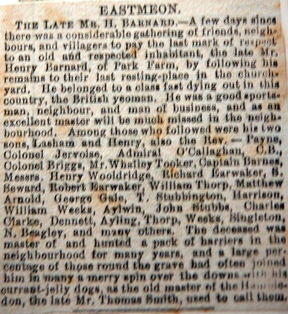 Obituary of Mr H Barnard, whose funeral was attended by 'Aylwin', christian name not supplied