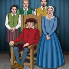 Recreation bu Julian Baler of the family of Nicholas Wright (seated) L tp R. His eldest son, Nicholas, who was sickly and did not survive his father by long, the youngest son Robert, John, who inherited most of his father's estate, Nicholas senior, seated, and  daughter Elizabeth.